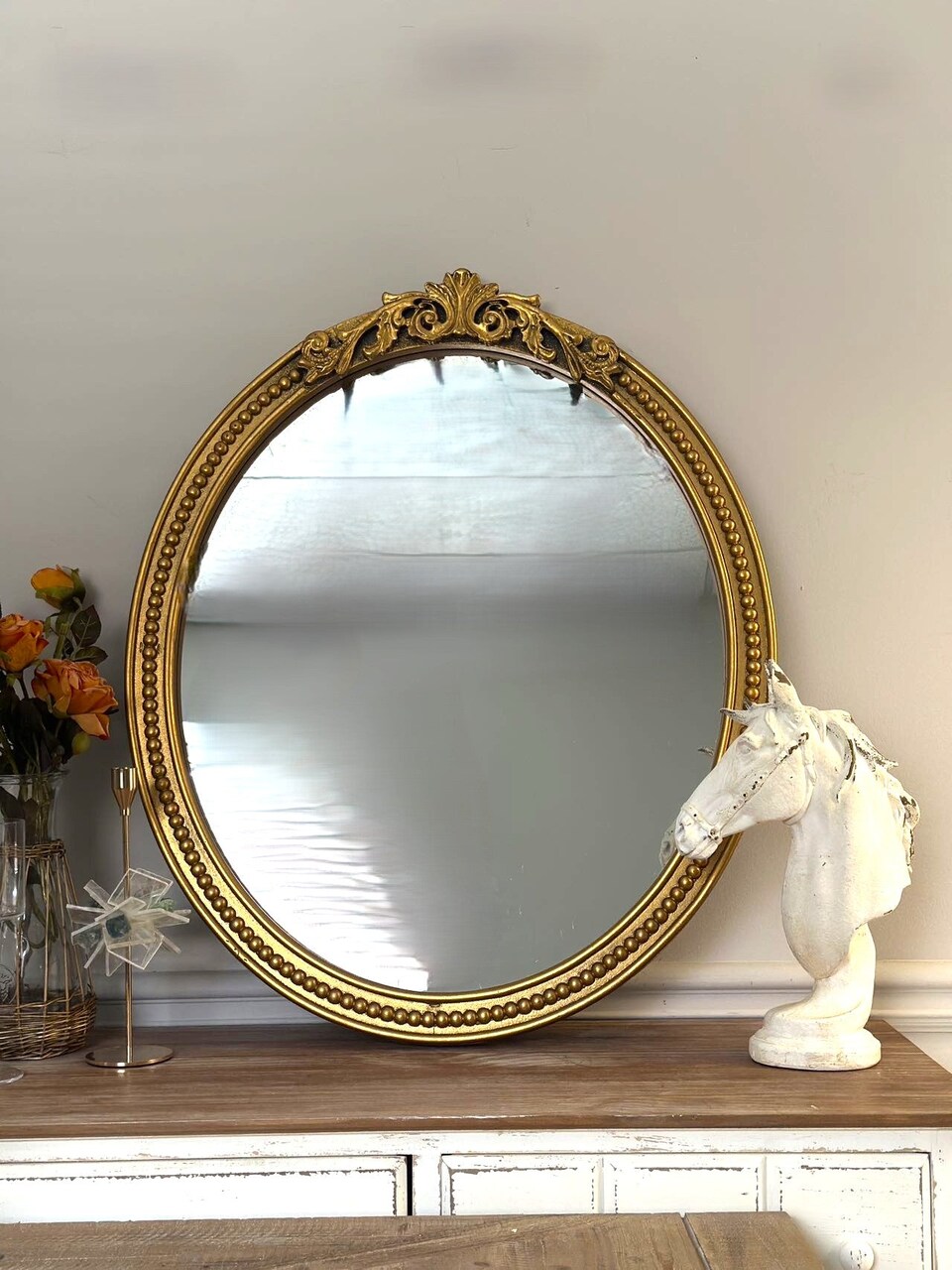 Vintage Oval Wall Mirror Gold Wooden Frame Decorative Home Accent